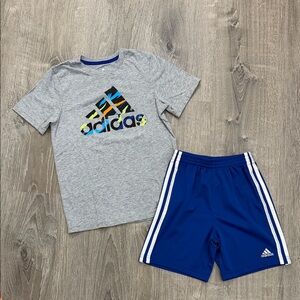 adidas Gray Tee with Multicolor Logo & Royal Blue Shorts Size 7